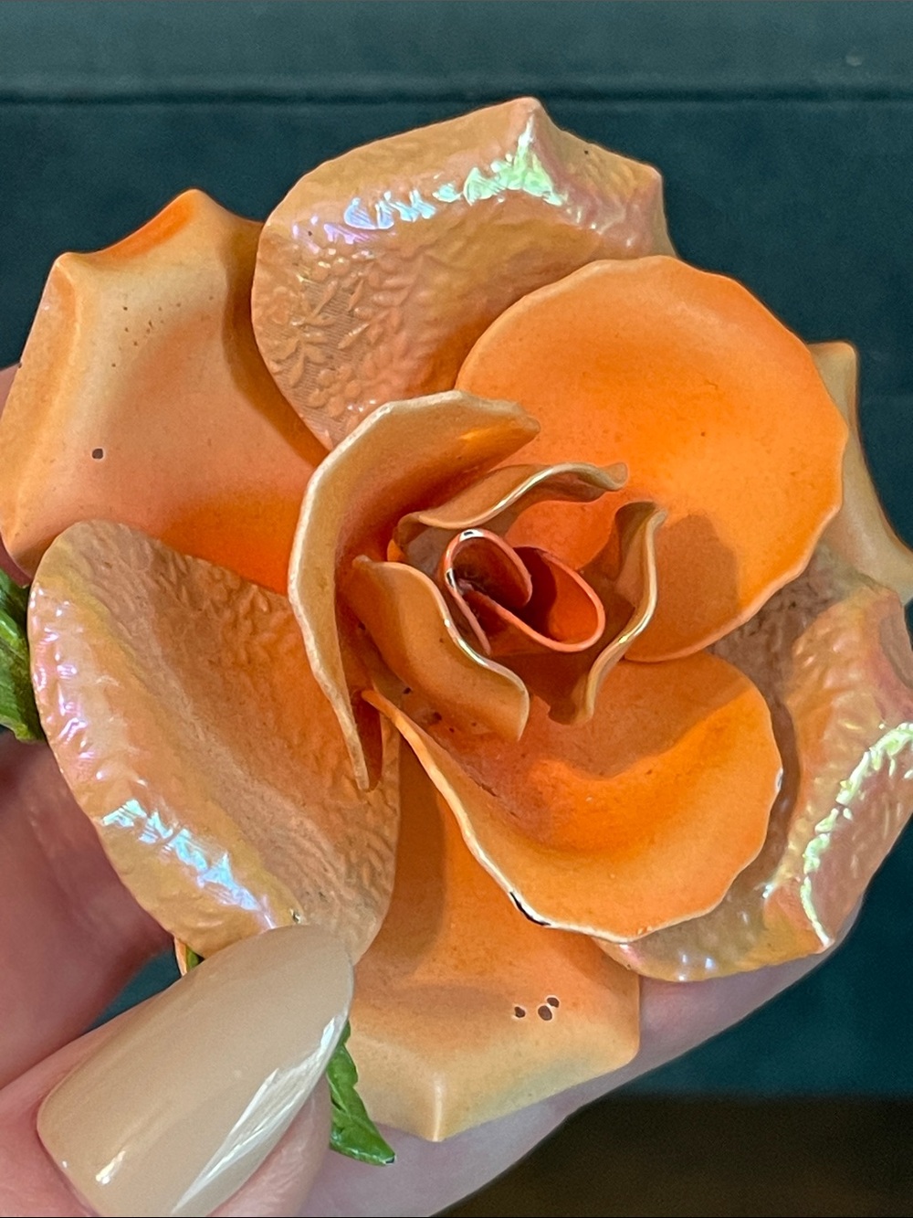 Vintage Multi-Layered Metal Peach Enamel Embossed Iridescent Flower Brooch - Picture 8 of 10